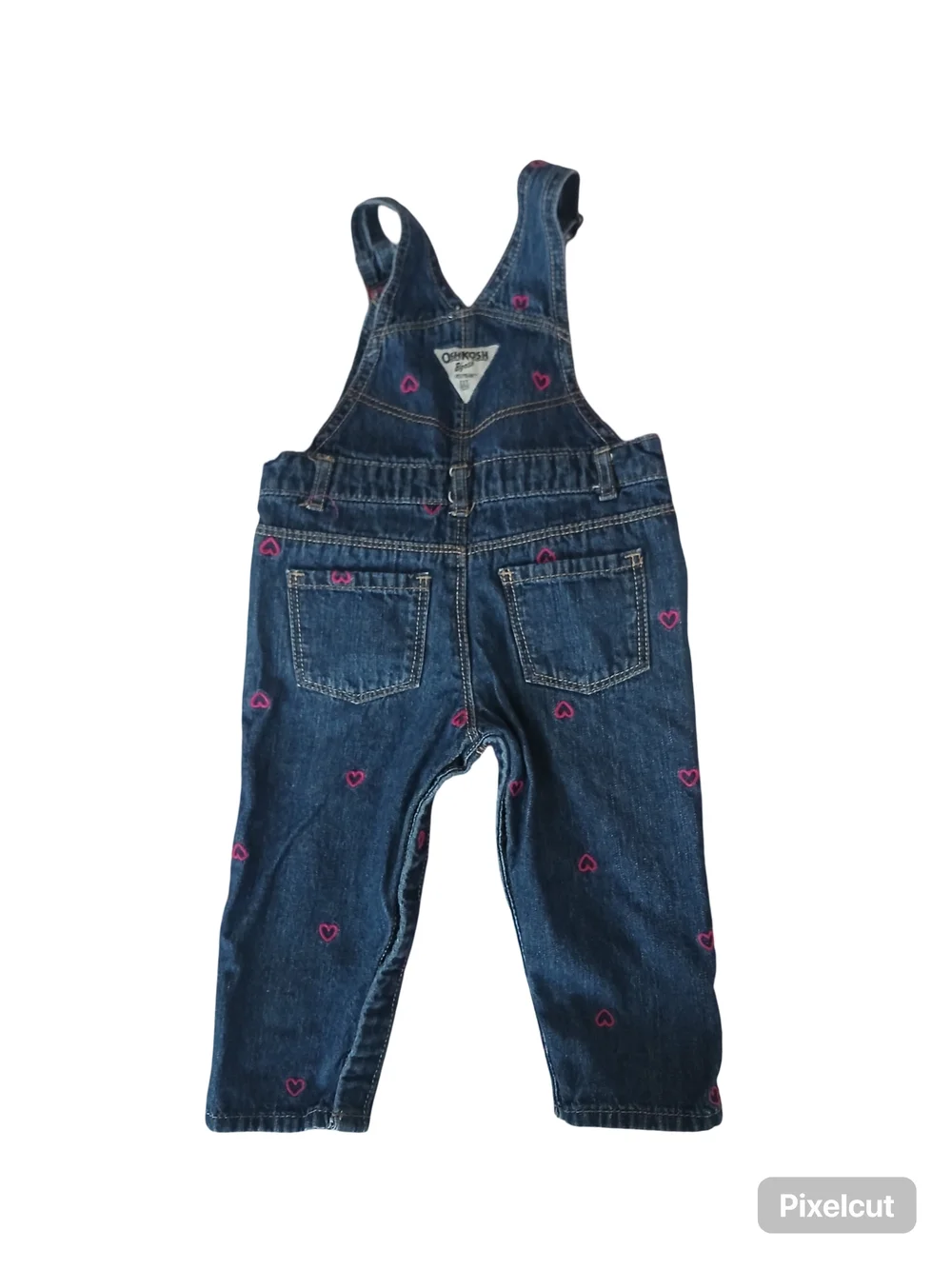 Oshkosh B'gosh Blue Jean Overalls with Pink Embroidered Hearts Girl's 12 Mo